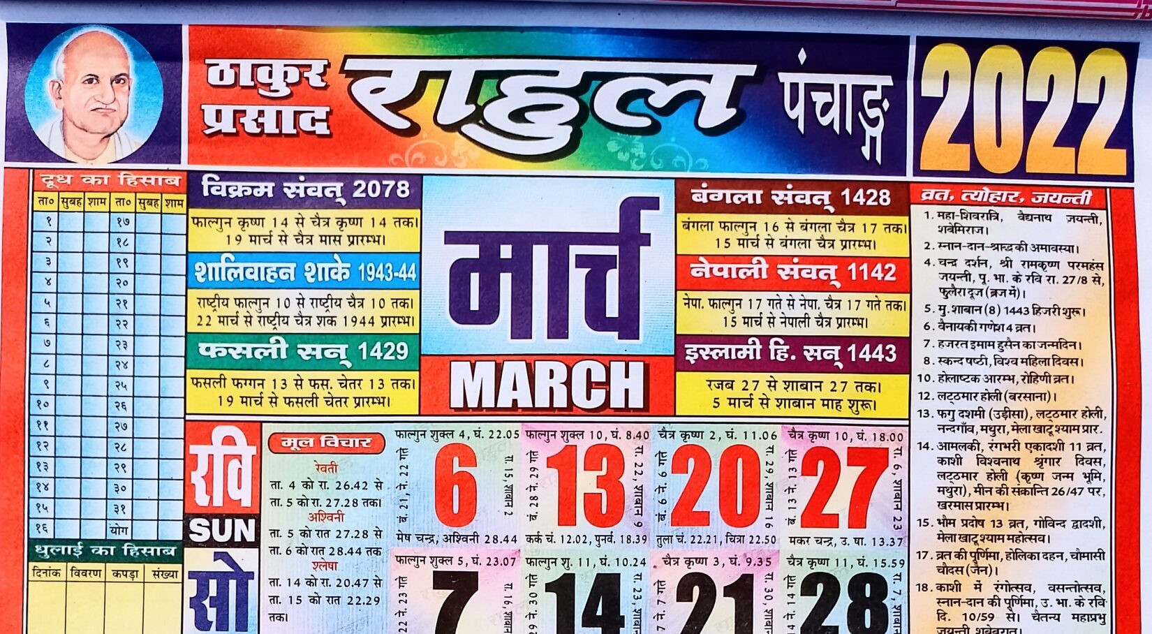 Thakur Prasad Calendar 2022 March ठाकुर प्रसाद कैलेंडर २०२२ मार्च